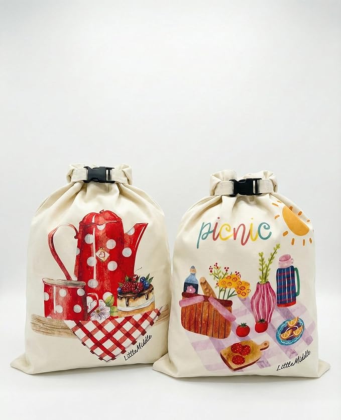 2 XL Beeswax Bread Bags for Homemade Bread, Sourdough – Reusable, Plastic-Free, Keeps Fresh, Washable, Compostable (Beige with Picnic)