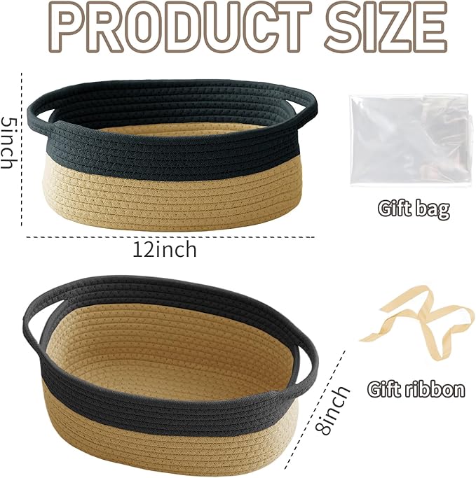 JMvicyroam Woven Basket,Small Rope Storage Bin with Handles & Ribbon Bag, Organizer for Shelves Closets,Gift Basket Empty for Birthday,Books,Dog Toys, Black&Jute
