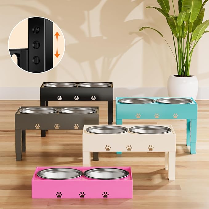 Elevated Dog Bowls with 2 Stainless Steel Bowls, Raised Dog Food Bowl Stand 5 Height Adjustable (3.1", 9", 10", 11", 12") Non-Slip Feeder Set for Medium and Large Dogs - Turquoise