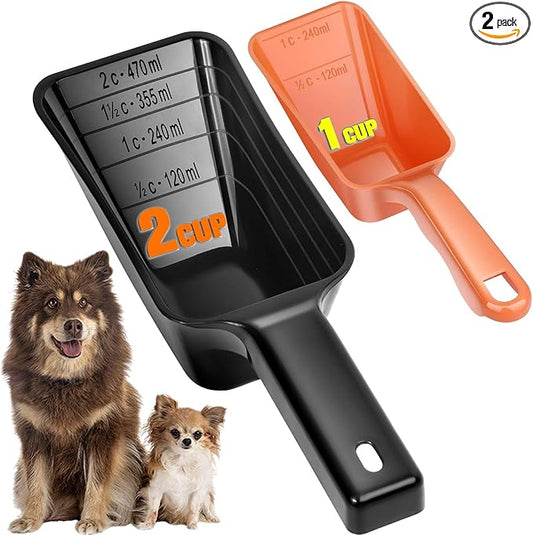 2-Pack Dog Food Scoop Set,1 Cup and 2 Cup Plastic Pet Food Measuring Scoops with Clear Measurement Lines,Multi-Purpose Pet Food Scooper for Dogs, Cats (Orange and Black)