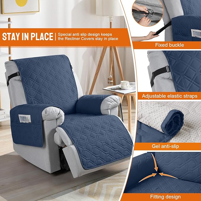 VANSOFY 100% Waterproof Recliner Chair Covers, Recliner Cover Non-Slip Dog Chair Cover Furniture Protector Washable Slipcover with Pocket, Elastic Straps for Pets, Dogs(Navy Blue, 30")