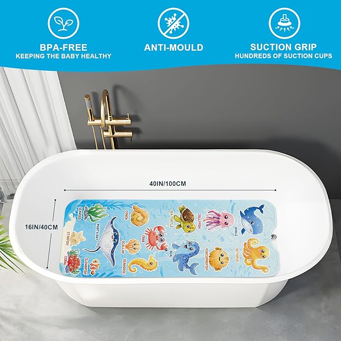 XIYUNTE Baby Bath Mat for Tub Non Slip Kids Bath Mat - 40"x16" Extra Long Bathtub Mat Non Slip Kids, Eco-Friendly Toddler Bath Mats with Suction Cups for Secure Grip, Easy to Clean & Easy Drying