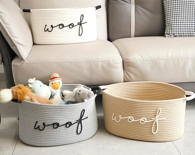 Woof Dog Basket - Cotton Rope Pet Storage Bin With Durable Handles, Large Toy Organizer for Puppies, Perfect for Chew Toys, Blankets and Leashes
