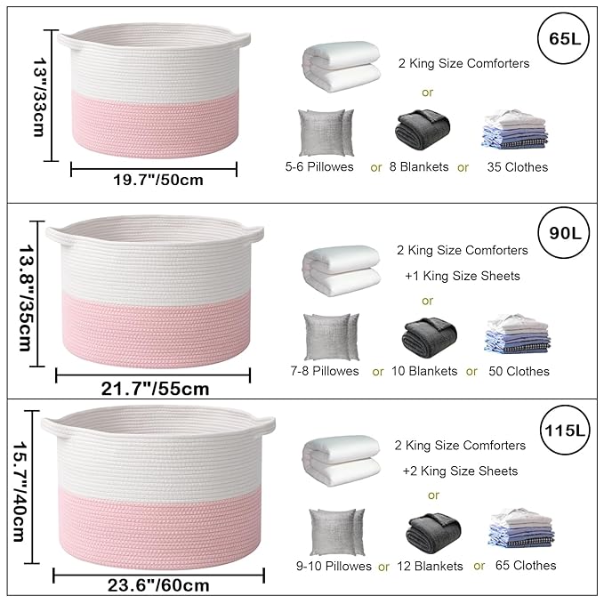 90L Extra Large Pink Woven Cotton Rope Basket with Handles, Kids Nursery Laundry Hamper for Toys, Blankets, Pillows & Comforters, Cute Storage Bin for Bedroom & Playroom