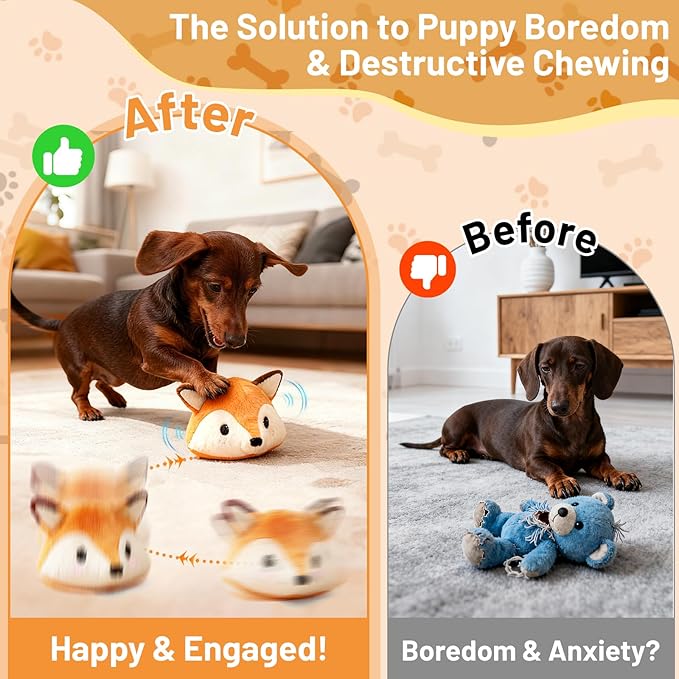 VYsTN Automatic Puppy Toy for Anxiety & Boredom Relief - Self-Moving, Bouncing & Vibrating with Sound for Mental Stimulation | Rechargeable, Chew-Resistant for All Breed Sizes