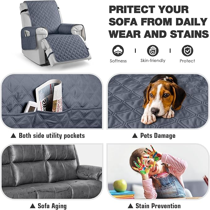 TAOCOCO Waterproof Recliner Chair Covers with Leg Strap 1 Piece Oversized Recliner Covers for Large Recliner for Pets Kids, Washable Reclining Chair Furniture Protector(28'' Oversized, Bluish Grey)
