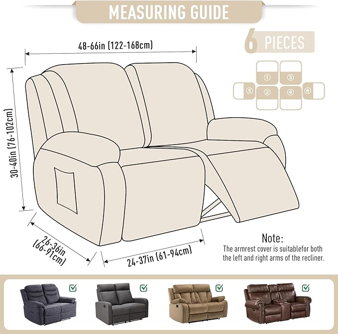 TAOCOCO Recliner Loveseat Slipcover, 6 Pieces Dual Recliner Sofa Covers for 2 Seat Dual Reclining Loveseat Couch, Stretch Soft Jacquard Pattern Furniture Protector with Elasticity (Beige White)