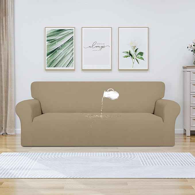 PureFit 100% Dual Waterproof Couch Cover Slipcovers for Couches and Sofas - Stretch Non Slip Fleece Sofa Covers Washable, Leakproof Furniture Protector for Kids, Pets, Dog (Sofa, Natural)