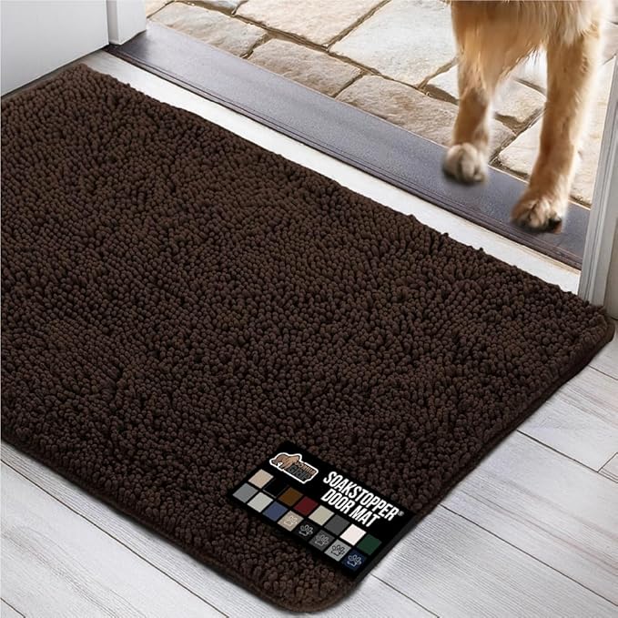 GORILLA GRIP SOAKSTOPPER Dog Door Mat, 60x36 Machine Washable Rug Absorbent Doormat Captures Moisture Mud Dirt, Quick Dry Soft Chenille Entryway Rugs Indoor Entrance Mats for Dog Paws, Brown