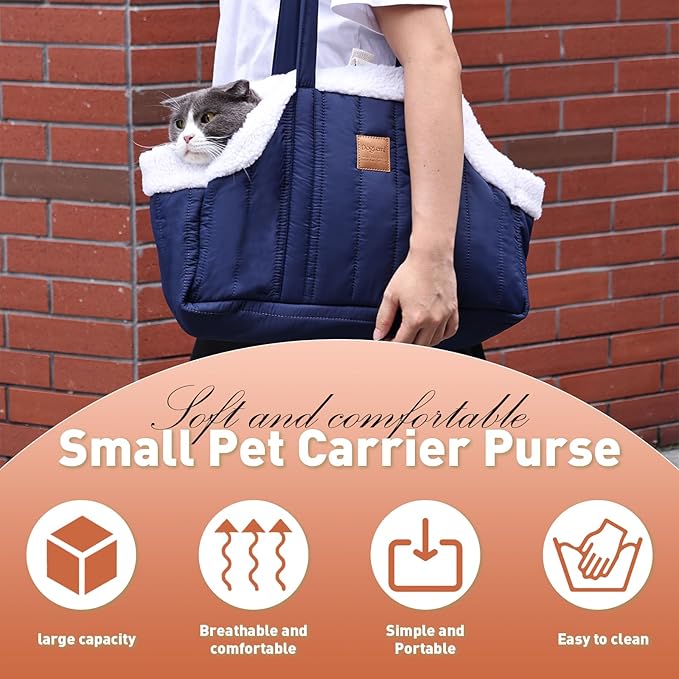 ETIAL Small Dog Carrier Purse, Winter Fleece Warm Dog Tote Bag Carrier with Secure Harness Clip for Puppy Kitten, Waterproof Pet Travel Handbag for Shopping, Hiking and Walking (Beige)