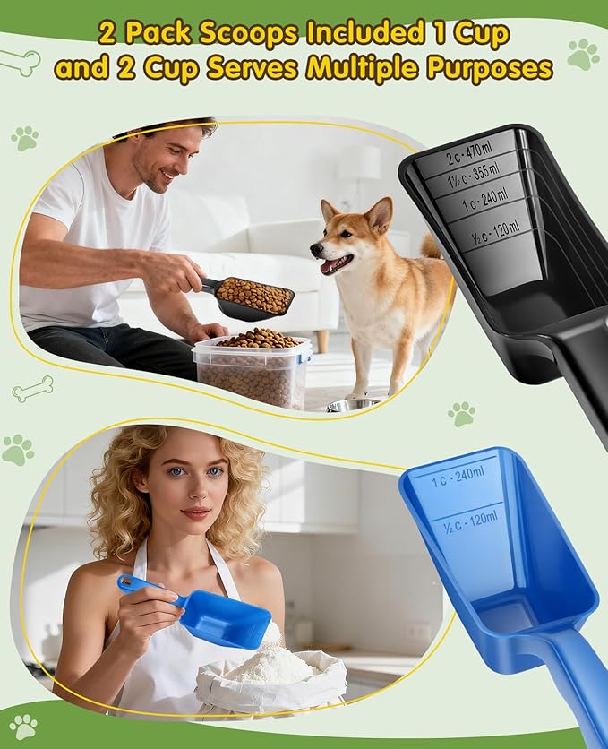 GNEOCO 2 Pack Dog Food Scoop with 1 Cup and 2 Cup Capacity, Plastic Pet Food Measuring Scoops with Clear Measurement Lines for Dogs, Cats & More,Dishwasher safe (Blue and Black)