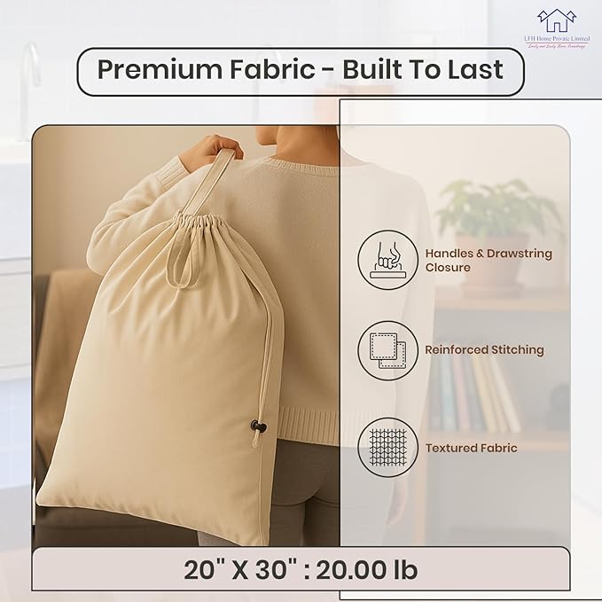 LFH Home Cotton Canvas Large Laundry Bag with Handle, Heavy Duty Drawstring Closure Washable Laundry Bags School Travel, Home, Hotel, College Dorm, Organizer Sack, Toys 20x30-Natural, Thanks Giving