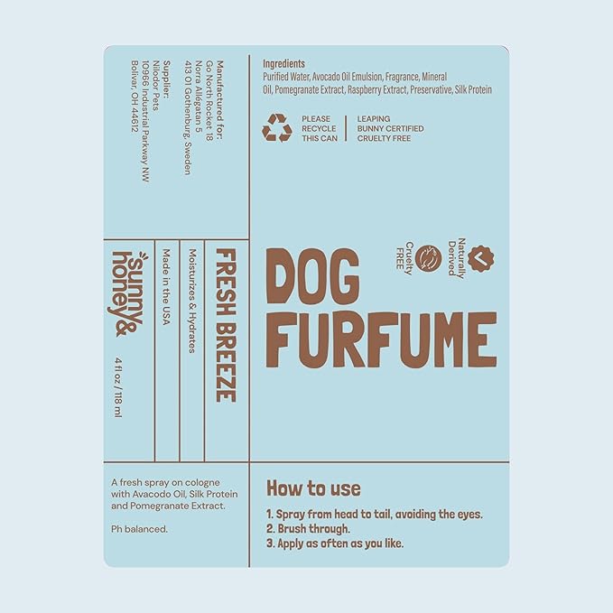 Sunny & Honey Dog Perfume Spray Long Lasting - 4 fl oz (2-Pack) - Deodorizing, Detangling & Hydrating with Avocado Oil & Silk Protein - pH Balanced Dog Cologne Spray - Fresh Breeze Scent