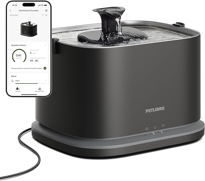 PETLIBRO Upgrade Cat Water Fountain Stainless Steel Tray, Dockstream 2 Cat Fountain Indoor, 3L/101oz Auto Cat Fountains for Drinking, App Monitoring Pet Water Fountain Dog, 5G WiFi Cat Water Dispenser