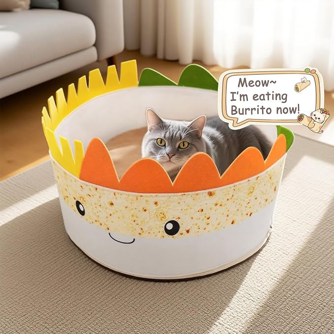Cute Cat Beds Kitten Beds with Catnip Toys, Soft Small Dog Beds, Washable Pet Beds for Puppy and Kitty, Funny Burrito Shape, 20 Inch