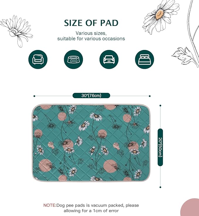 IEUUMLER Washable Pee Pads for Dogs, 2 Pack Non-Slip & Waterproof Pack Whelping Pad, Reusable Washable Puppy Potty Training Pad with Fast Absorbent for Playpen EU007 (Teal Daisy, 30"X20"-2pcs)