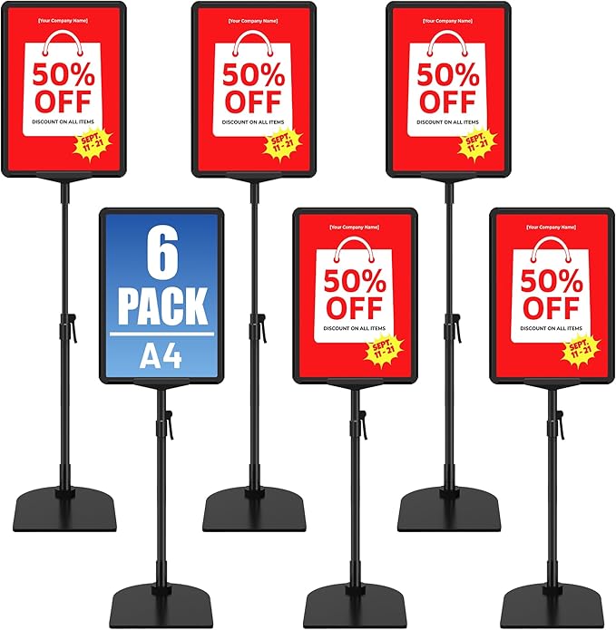 6Pack Sign Stand for Display A4, Adjustable Poster Stand for Table Top & Floor, Floor Standing Sign Holder, Signage Stands for Business, Tradeshow, Store, Farm Display Stands