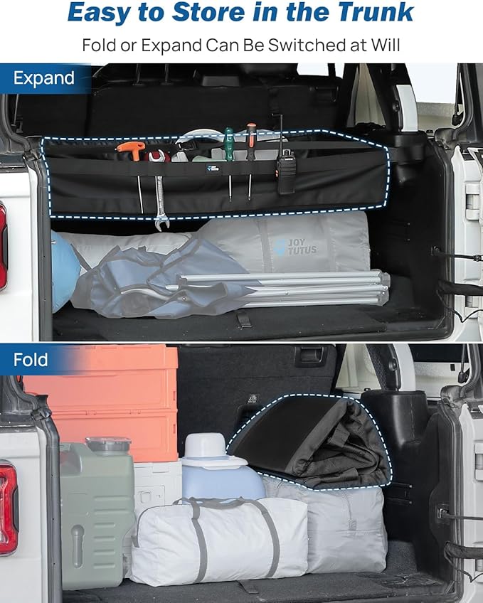 JOYTUTUS PVC Mesh Trunk Organizer Foldable Rear Trunk Cargo Storage for 2007-2026 Wrangler JK JL 4-Door, Interior Luggage Carrier for Camping Trip Gear, Max 22-44 LBS