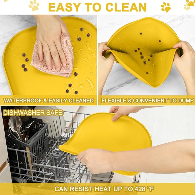 SMILOOL Silicone Pet Feeding Mat with Raised Edge for Food and Water, Dog Bowl Mats, Cat Bowls Placemat with High Lip for Floor Waterproof, Rubber Tray for Cats and Dogs 12 x 12 x 0.7 Vivid Yellow
