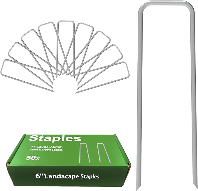 AAGUT Garden Stakes Pins, Landscape Staples 50 Pack 6 Inch 11-Gauge Galvanized Lawn Stake for Dog Fence, Weed Barrier Fabric, Ground Cover, Irrigation Tubing Soaker Hose, Chicken Wire