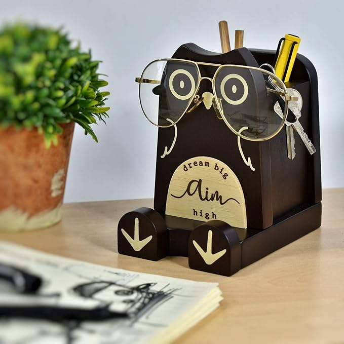I'm Wood Multipurpose Eyeglass Phone Pen & Pencil Holder Stand Stationery Desk Box Organizer Accessories, Home Office Desktop Decor Birthday Graduation Gifts “Dream Big Aim High” (Owl)