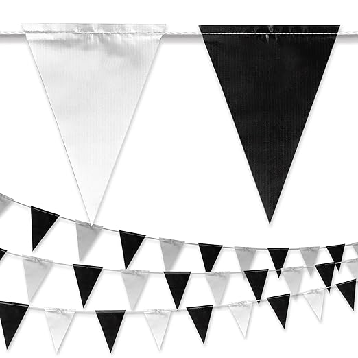Black & White Pennant Banner Flags | Heavy-Duty Outdoor | OSHA 500lb Rated | Strand Fade Resistant 【102FT】