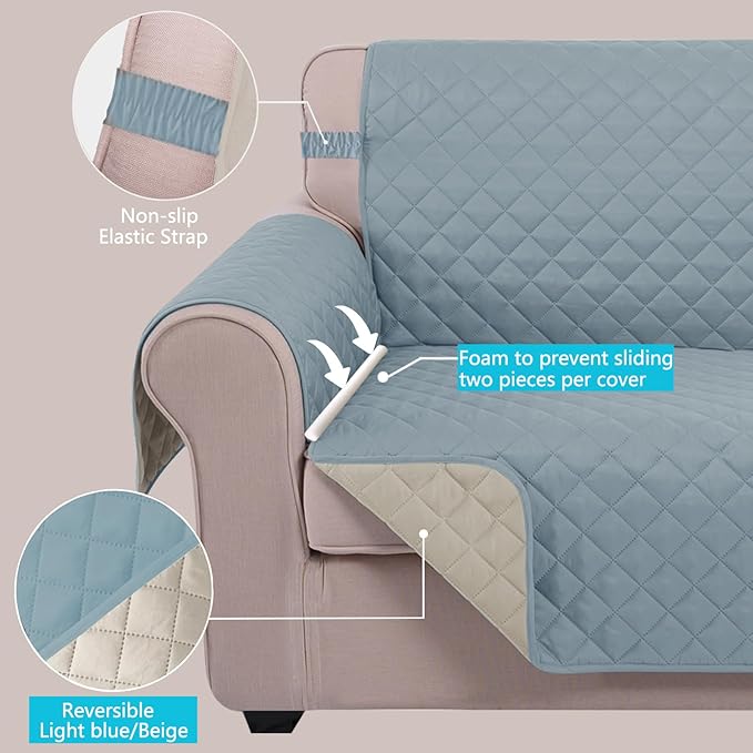 U-NICE HOME Reversible Sofa Cover Couch Cover for Dogs with Elastic Straps Water Resistant Furniture Protector for Pets Couch Cover for 3 Cushion Couch (Sofa, Light Blue/Beige)