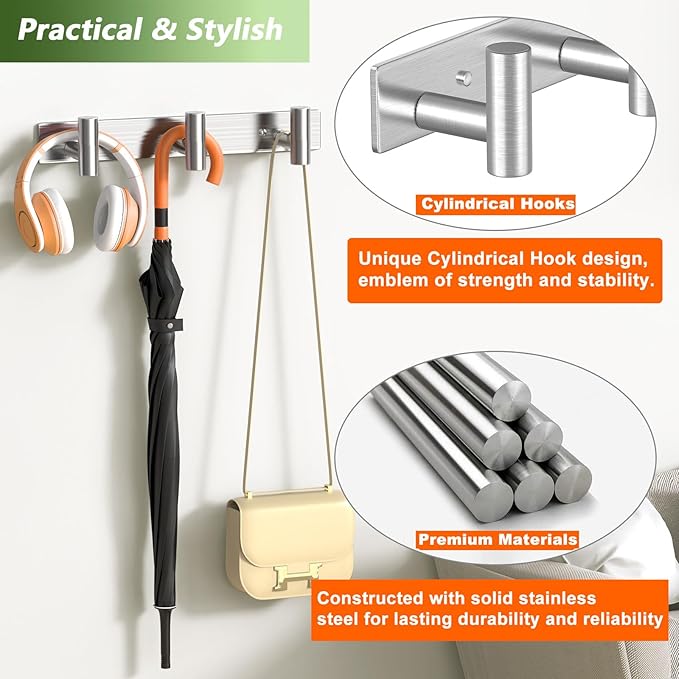 VINHOLD Wall Mounted Coat Rack-3 Hooks, Heavy Duty Stainless Steel Wall Hooks for Towel Coat Bag, Hat Rack Coat Hanger Coat Hooks Towel Racks for Bathroom Entryway Kitchen Office (Silver, 1 Pack)