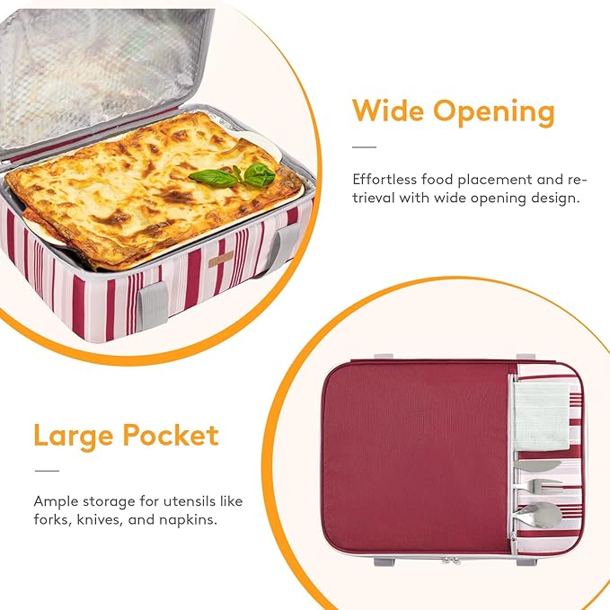 LUNCIA Insulated Casserole Carrier for Hot or Cold Food, Lasagna Lugger Tote for Potluck Parties/Picnic/Cookouts, Fits 9"×13" Baking Dish, Red
