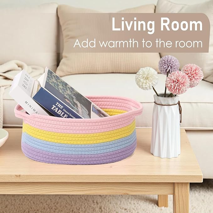 JMvicyroam Woven Basket,Small Rope Storage Bin with Handles & Ribbon Bag, Organizer for Shelves Closets,Gift Basket Empty for Birthday,Books,Dog Toys, Rainbow
