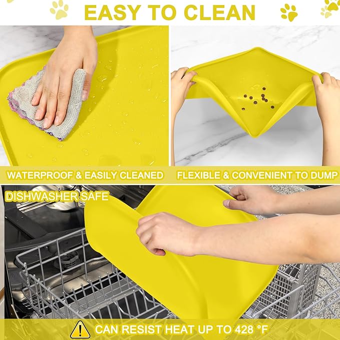 Silicone Pet Food Mat with Raised Edge for Food and Water Bowl, Dog Feeding Mats, Cat Food Trays for Floor Waterproof, Rubber Tray for Dogs and Cats, 24 x 16 x 0.8 Light Yellow