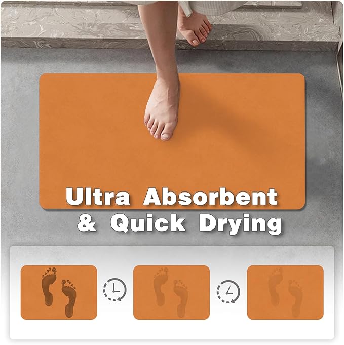 Bathroom Mat Quick Dry, Bathroom Rugs Non Slip Washable Thin Absorbent Bath Mat Fits Under Door Bathroom Floor Mat Perfect for Bath, Shower, or Sink 20"x30" Orange