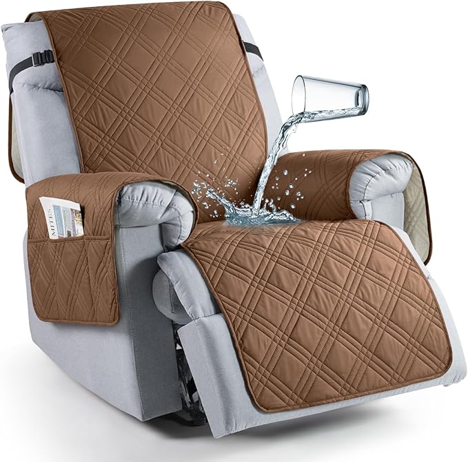TAOCOCO 100% Waterproof Recliner Chair Covers, Non Slip Recliner Covers for Recliner Chair with Pocket, Washable Reclining Chair Cover Furniture Protector for Kids,Dogs(25'', Brown)