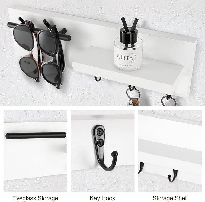 Lucundm Key Holder for Wall, Decorative Entryway Shelf with Hooks Holds Keys, Dog Leash, Sunglasses – Key Hanger with 3 Hooks Organizes, Enhances Home Decor (15” x 4.5” x 2.6”) (White)