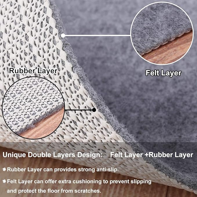 Non Slip Rug Pad Grippers - 2x4 Ft, 1/8" Thick, (Felt + Rubber) Double Layers Area Carpet Mat Tap, Provides Protection and Cushioning for Hardwood or Tile Floors