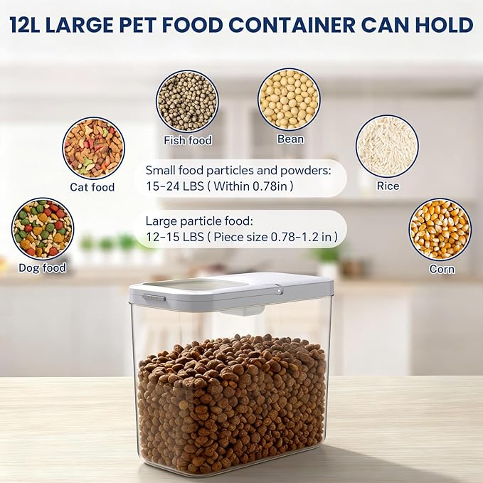 LEAWALK 12 Lbs Airtight Dog Cat Food Storage Container and Dog Treat Containers BPA-Free, PET Clear Stackable Pet Storage Bin, 1-Cup Scoop, 1-Sponge cleaning brush, Pop Top, With handle, Easy Mobility