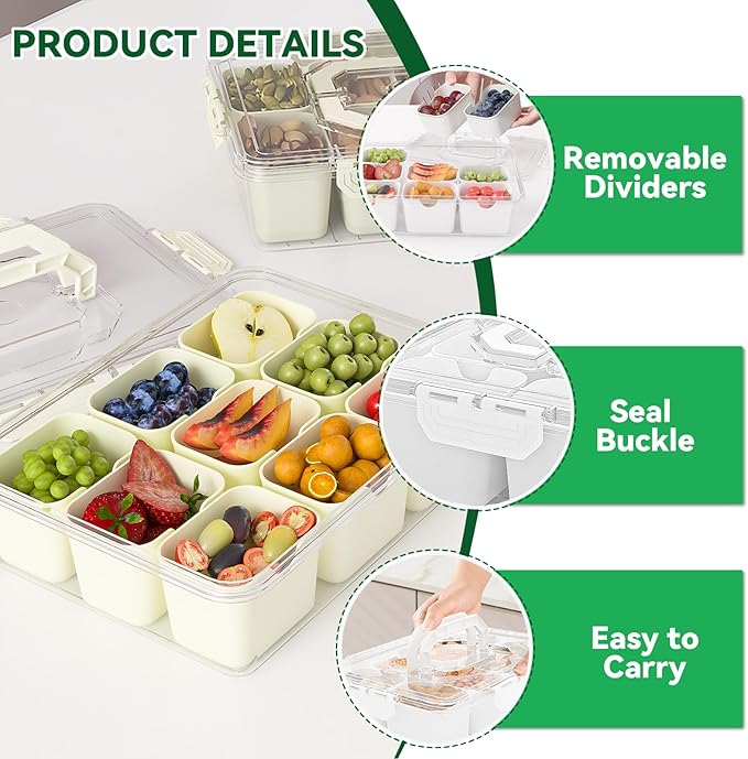 REBECAT Divided Serving Tray with Lid and Handles 9 Compartments Snack Box Container Charcuterie Organizer Snackle Box Container for Candy,Nuts，Fruits,Snacks,3 Pack,Beige