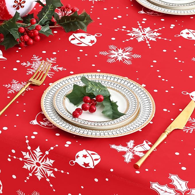 misaya Rectangle Waterproof Vinyl Table Cloth, Wipeable Tablecloth with Flannel Backing, Plastic Table Cover for Dinner, Christmas Party (Bells, 60" x 120")