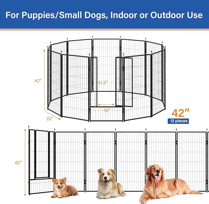 Dog Playpen 42 inch 12 Panels for Indoor & Outdoor Use – Heavy-Duty Metal Pet Fence with Ground Stakes, Rounded Ball Tops for Safety, Stable & Foldable Design, Easy to Assemble