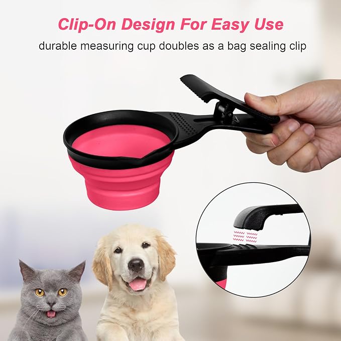 PNEUICALLY Collapsible Dog Food Scoop Foldable Pet Food Bag Clip 3 in 1 Multi-function Silicone Cat Food Measuring Cup Scoop Dog Food Scooper Pet Food Storage Clip (Rose Red, 2 Cup Capacity(1 Pack))
