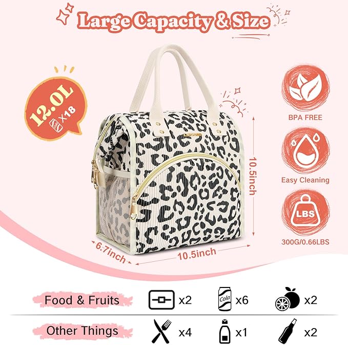 Lunch Bag Women Insulated Lunch Box Wide-Open Lunch Tote Bag Large Drinks Holder Durable Nylon Thermal Snacks Organizer for Men Adults Work Picnic Hiking Beach Fishing, Black Panther Corduroy