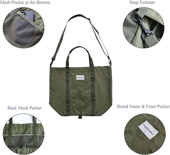 Foldable Travel Tote Bag, Water-Resistant Tote Bag with 3 External Mesh Pockets for Travel, Daily Use, Outdoor