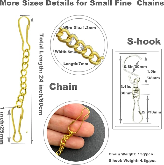 10 Pcs Fine Hanging Chain(1.2mm Dia.) Small Hang Bracket Decorative Replacement Link Chains Hooks for Sign Planter Bird Feeders,24 inch Long Gold Metal Chains and 5 Pcs Swivel S-Hooks