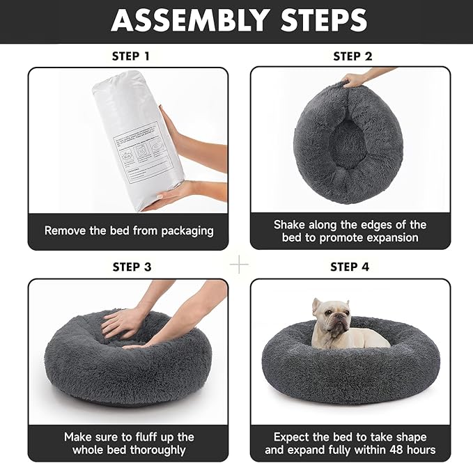 OhGeni Calming Donut Dog Bed Pillow for Medium Pets, Machine Washable Removable Cover, Comfort Plush Fluffy Faux Fur with Anti-Slip Bottom, Cats-Friendly Round Cuddly Design, Gray, 30 inches