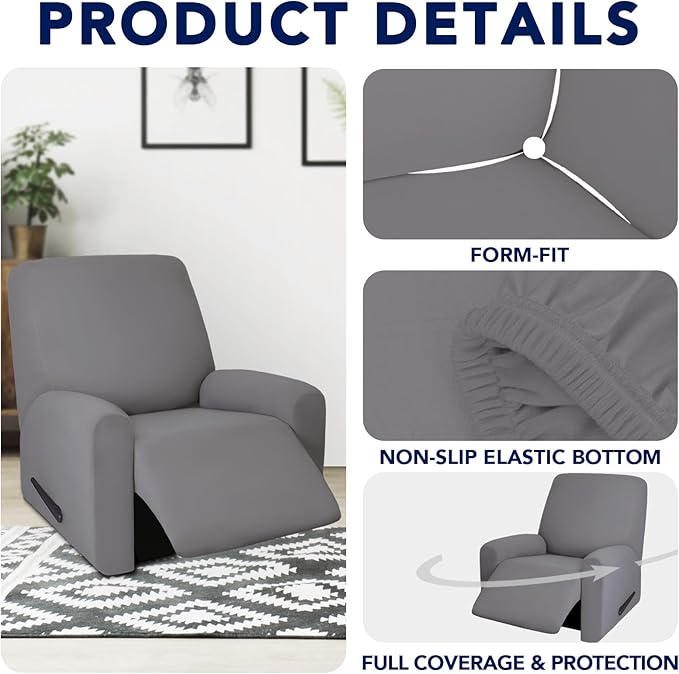 PureFit 100% Dual Waterproof Recliner Cover, Waterproof Couch Cover for Recliner - Stretch Non Slip Fleece Sofa Covers Washable, Leakproof Furniture Protector for Kids, Pets (Recliner, Light Gray)