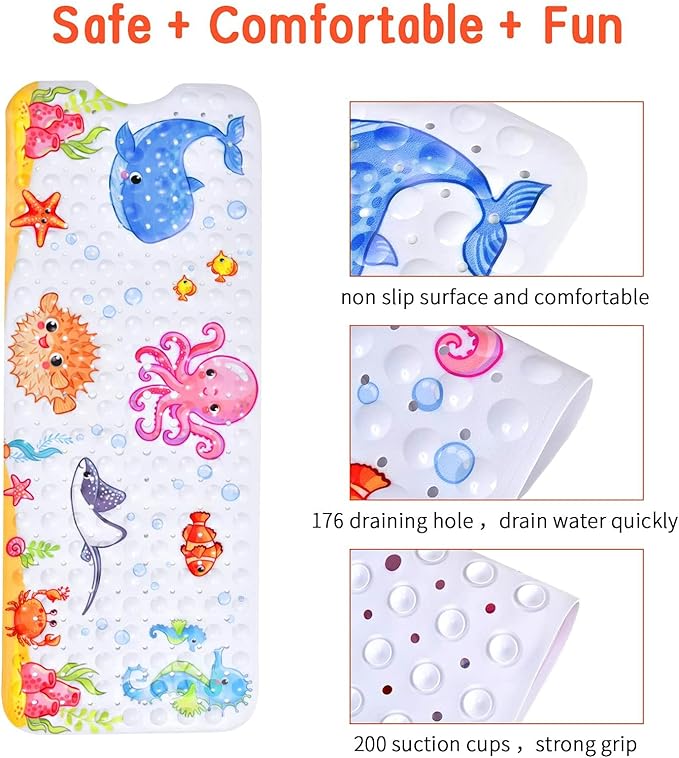 Bath Mat for Tub Non Slip, Machine Washable Anti-Slip Cartoon Baby Bathtub Shower Mat with Drain Holes and Suction Cups for Toddler & Kids, 40 Inch x 16 Inch-Rectangular, Pink Octopus