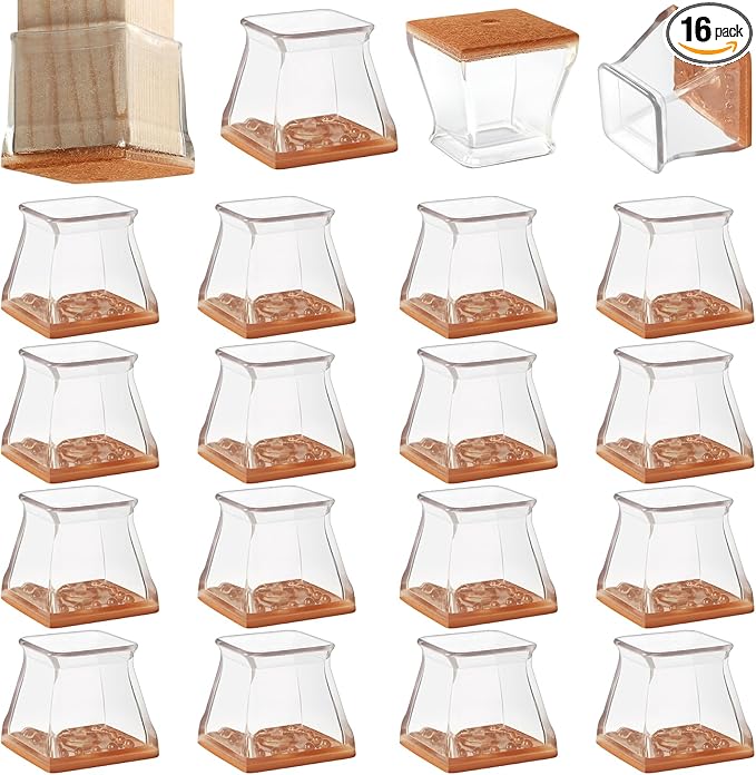 CHUNZEXI 16 Pack Square Chair Leg Floor Protectors for Hardwood Floors, Silicone Felt Covers Pads Caps, Protect Wood Furniture Feet Floors Noise Reduce and Scratch (Square Large & Clear)