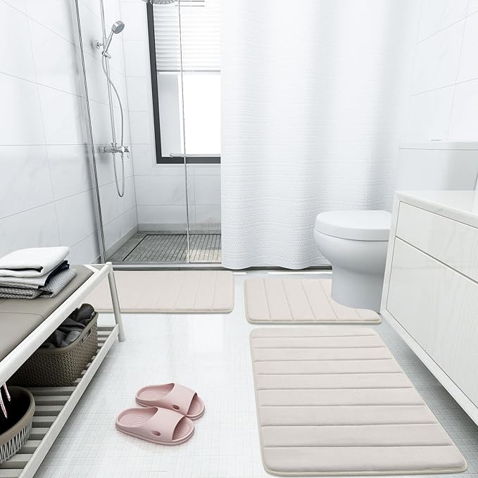 Buganda Memory Foam U-Shaped Contour Toilet Rugs, Non Slip Absorbent, Thick Soft Washable Bathroom Mat, Floor Carpet Bath Rugs Mat for Toilet Base (24" x 20", Cream)