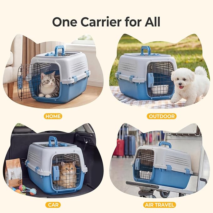 NEWBULIG 23" Hard-Sided Dog Carrier, Plastic Cat & Dog Crate, 4-Sided Ventilation Travel Pet Kennel, Top & Front Door Access, Integrated Food Bowl, for Small Pets up to 22 lbs, Blue