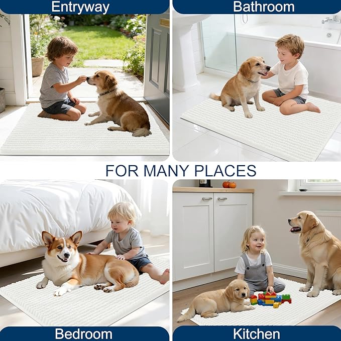OLANLY Dog Door Mat for Muddy Paws 24x16, Ultra Absorbent Chenille Mud Doormat, Non-Slip Washable and Dirt Trapping Doormat for Indoor Entryway, Quick-Dry Indoor Pet Bed Mats for Dogs, Ivory